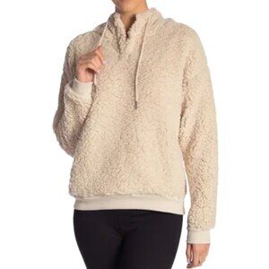 Zella Women's Pullover Small Cropped Henley Hooded Sherpa Cream Faux Shearling